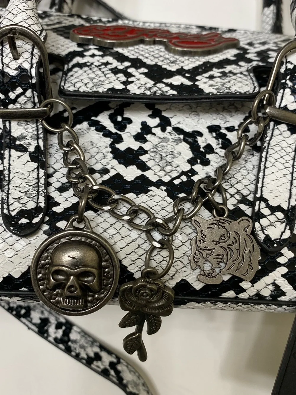 Ed Hardy Black & White Snake-Print Satchel with Charm Chain